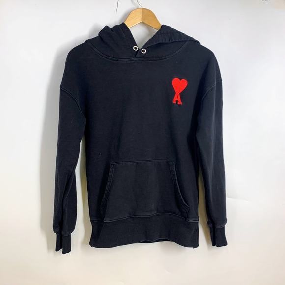 Ami Paris Tops - Ami Paris Black Ami de Coeur Heart Logo Hoodie Sweatshirt Mens Size L